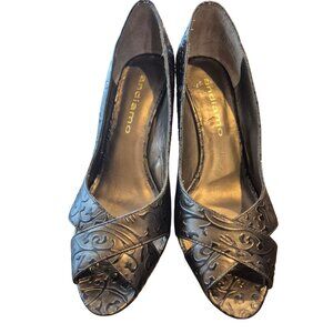Andiamo Embossed Leather Peep Toe Heels Size 9M - Trophy Style Black & Brown